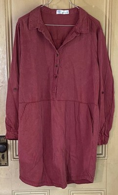 Time and Tru Red Solid Shirt Dress Collared Long Sleeve Button Knee XL