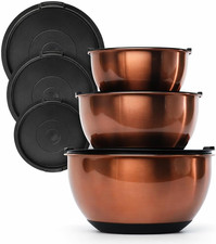 Copper Mixing Bowls Set with Lids - Stainless Steel Interior, Non-Slip Black Sil