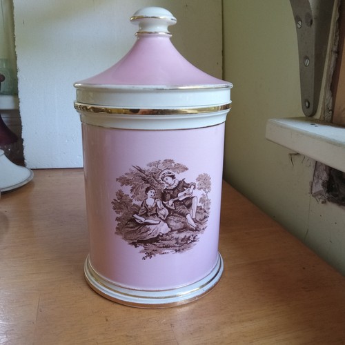 1930s GRAY'S POTTERY CERAMIC COVERED APOTHECARY DRUGSTORE JAR COURTING COUPLE