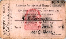 1935 American Association of Master Locksmiths Membership Card New York