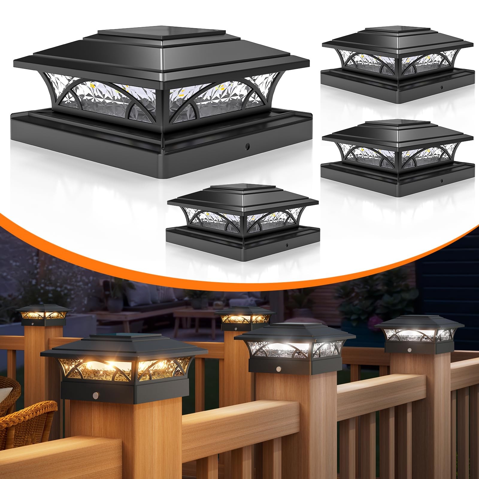 6x6 Post Cap Solar Lights 4 Pack Waterproof 2-Mode Outdoor Fence Lighting