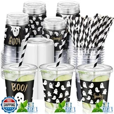 Jingmore 50 Pcs Halloween Ghost Party Disposable Plastic Cups 12 oz with Lids