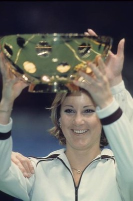 Closeup of USA Chris Evert victorious holding up trophy after winn- Old Photo