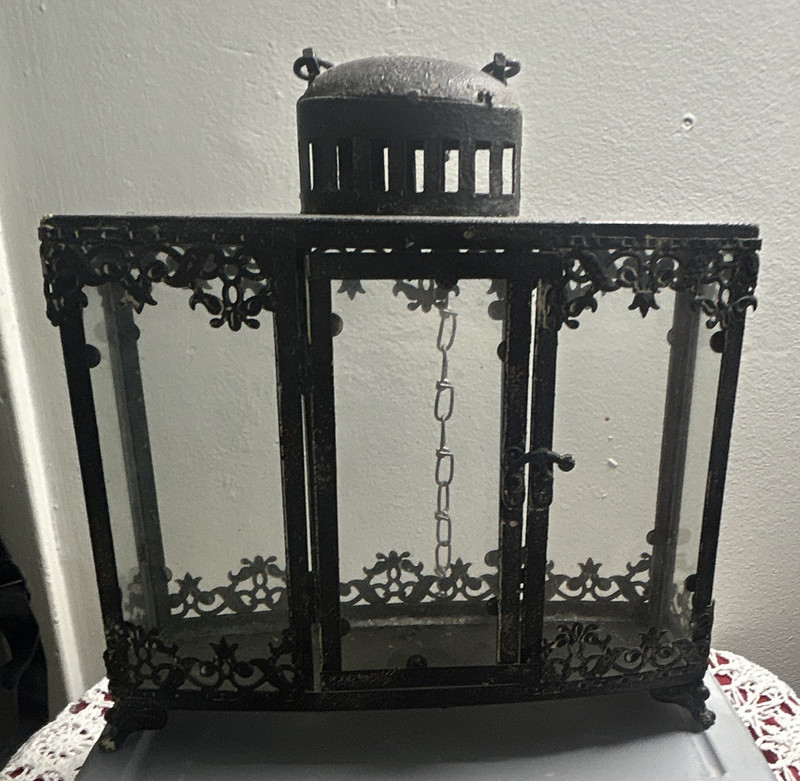 Antique Black Metal Glass Freestanding Rectangle Lantern