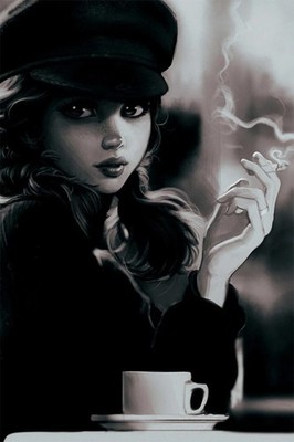 Smoking Girl Black And White Vintage Painting Print Wall Art Home - POSTER 20x30