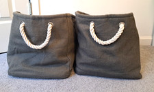 Set of 2 charcoal gray burlap storage bin basket rope handle 18 x 12