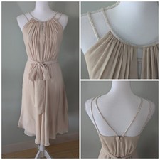 Davids Bridal Size 2 Beaded Strap Detail Bow Belt Dress Cream Beige Chiffon