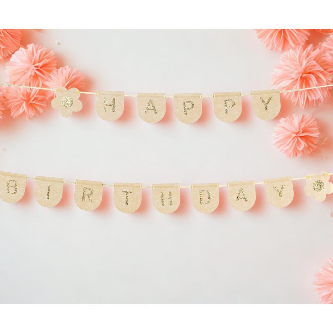 Happy Birthday Banner - Beige & Gold Felt Party Garland - 3m
