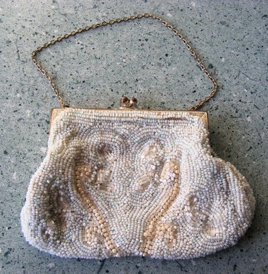 ANTIKE PERLEN ABENDTASCHE HANDTASCHE BLAU & WEISS GEOMETRISCHES MUSTER