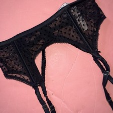 Victoria's Secret XS/S GARTER BELT BLACK Flocked POLKA Dot Women's Dream Angels