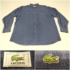 Vtg 1980's Lacoste Men's Button Down Long Sleeve Centered Pocket Logo Blue Sz 44