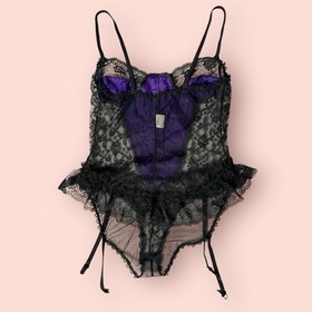 Vtg Purple Nylon Black Lace Teddy Romper Sissy Medium Vamp Goth Ruffle High Cut