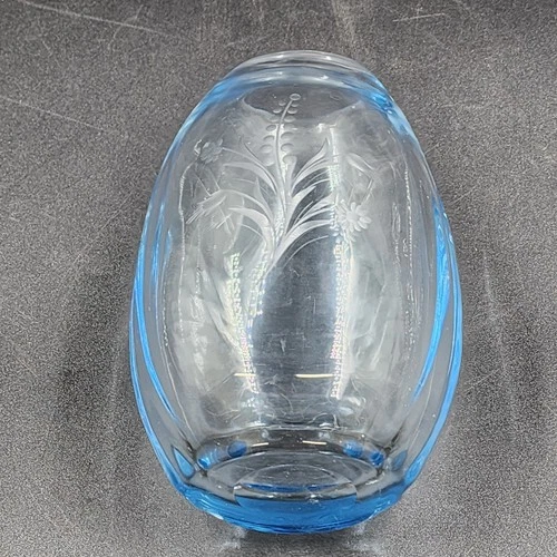 Hand Blown Blue Tint Glass Vase Etched Floral Scandinavian Swedish Oval 6.75″ - Picture 9 of 12