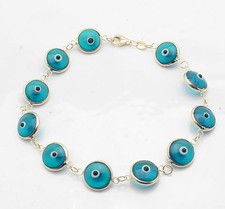 Clear Ocean Blue Protective Evil Eye Bracelet Solid 14K Yellow Gold Great Gift