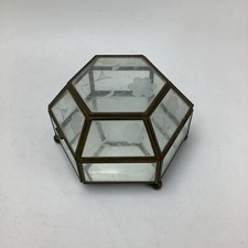 Vintage Etched Glass and Brass Hexagonal Hinged Lid Jewelry Trinket Box Flower