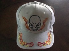 SKULL FLAMES WHITE BASEBALL CAP EMBROIDERED BIKER HAT With RED EDGE