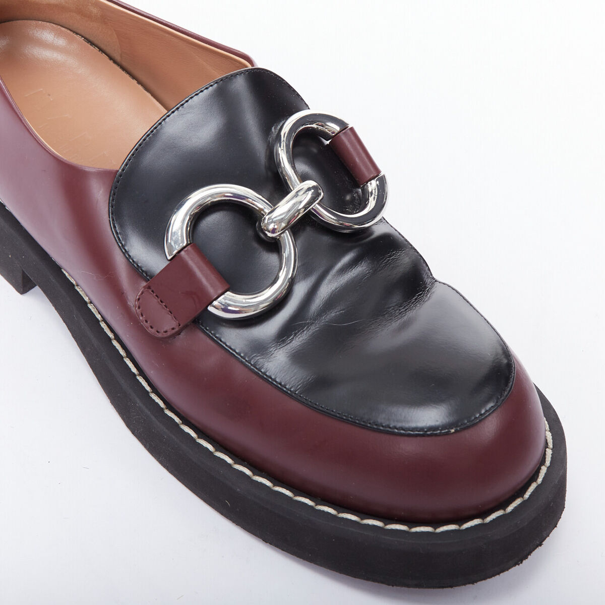 MARNI burgundy black leather silver chunky buckle loafers MARNI burgundy black leather silver chunky buckle loafers
