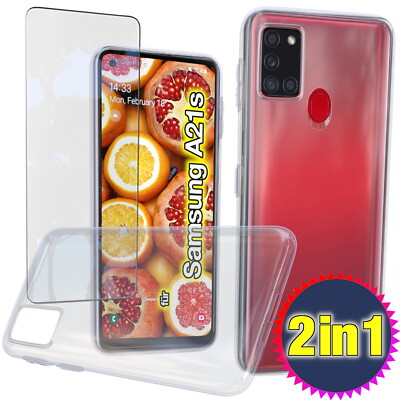 Für Samsung A21s Schutz Hülle + Glas Panzerfolie Silikon Handyhülle Klar Bumper