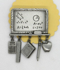 NOS JJ JONETTE SIGNED TEACHER BLACKBOARD PIN BROOCH ARTIFACTS SILVER TONE CHARMS