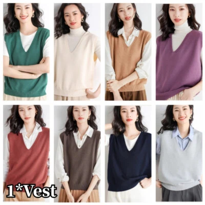 Femme Tricot Gilet Faux Cachemire Chaud Débardeurs Col V Pull sans Manche Chic - Photo 1/4