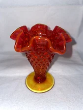 Fenton Pedestal Vase 4" Ruffled Edge Hobnail Orange and Yellow