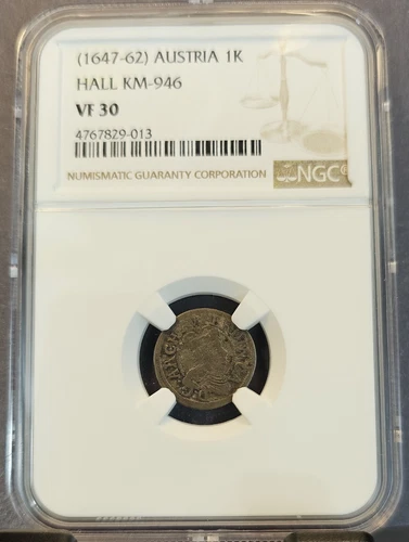 1647-62 AUSTRIA SILVER 1 KREUZER 1K HALL KM 946 NGC VF 30 RARE TOP POP 1