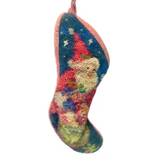 Vintage Petit Point Stocking Mini 7” Ornament Handmade Needlepoint Santa Claus
