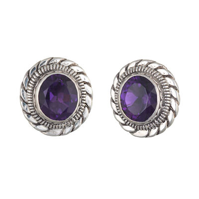 Stephen Dweck Amethyst Earrings Silver Round Clip On Estate Fine Jewelry 