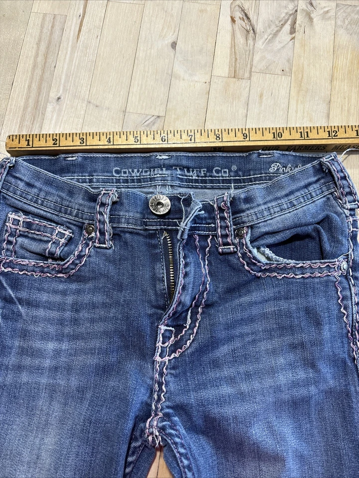 Jeans Cowgirl Tuff Co. Bootcut para niña talla 13 azul denim rosa brillante Foto 3 de 4
