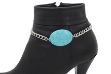 Women Silver Metal Chain Boot Bracelet Charm Turquoise Blue Bead Charm Bohemian