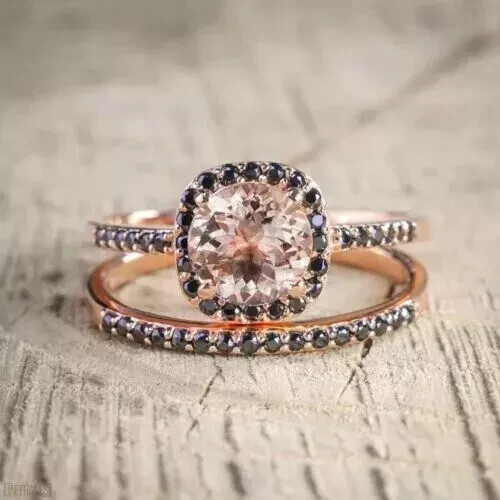 2Ct Round Lab-Created Morganite Bridal Set Wedding Ring 14K Rose Gold Plated - Picture 3 of 10