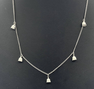 White Enamel Bell Floral Chain Necklace Spring Ring Silver Tone