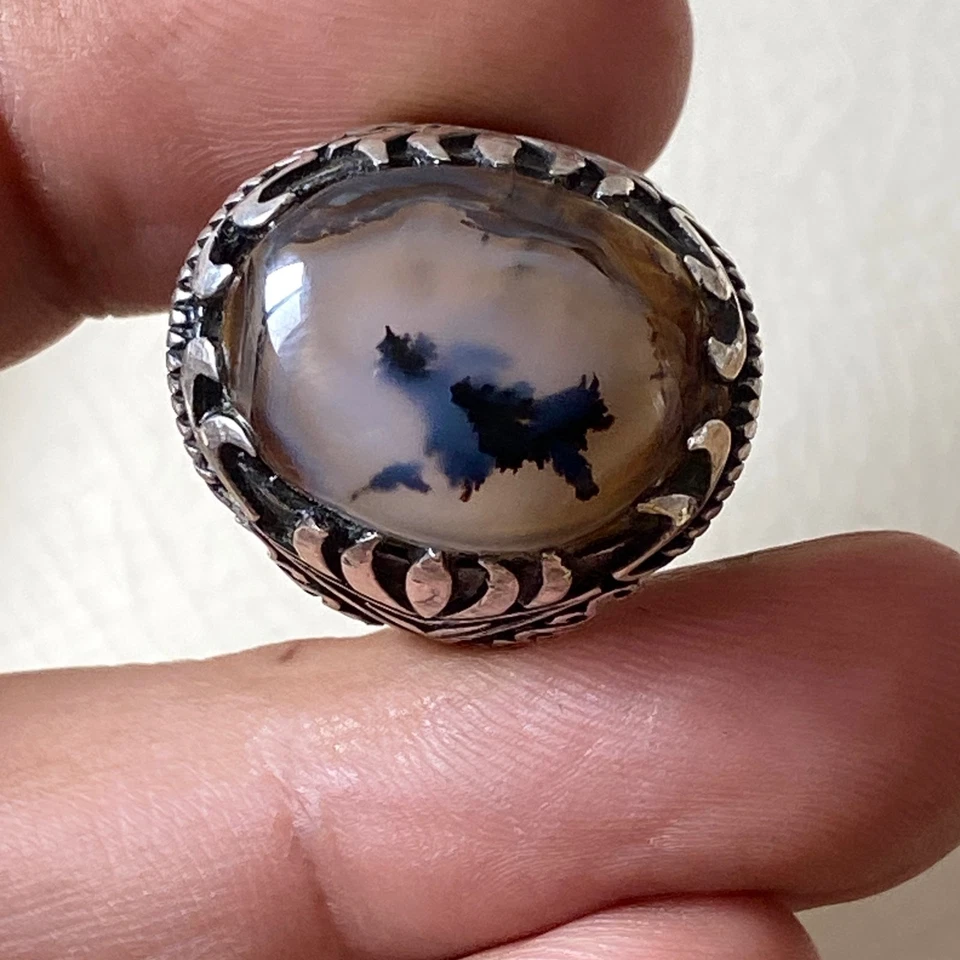 Auténtico anillo de plata 925 para hombre ágata yemení natural aqeeq عقيق يماني مصور M Foto 4 de 4