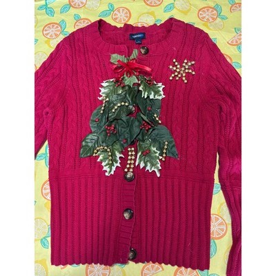 Christmas Womens Splendor Holiday Cardigan Large Red 3D Holly Snowflake Sweater