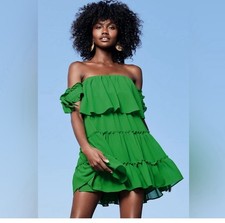 Lulus Tiers To My Heart Green Off-Shoulder Ruffled Mini Dress Size Large Green