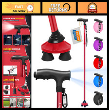 Adjustable Folding Walking Cane with LED Light, Pivoting Quad Base, Carry Bag