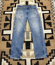 Vintage Levi's 501 Jeans Blue Distressed Button Fly Straight Leg 30x30 Tag 32x34