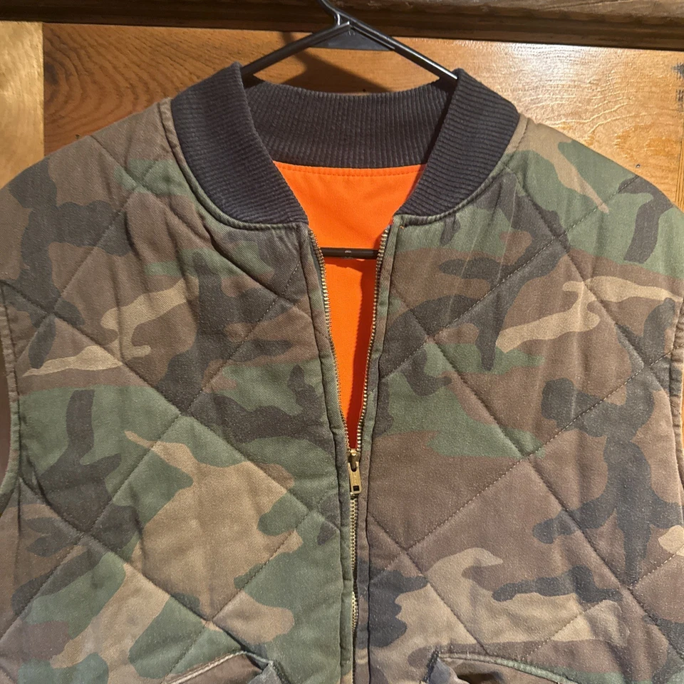 Chaleco de Caza Camuflado Vintage Años 90 Para Hombre Grande Reversible Naranja Algodón Acolchado EE. UU. Foto 3 de 4