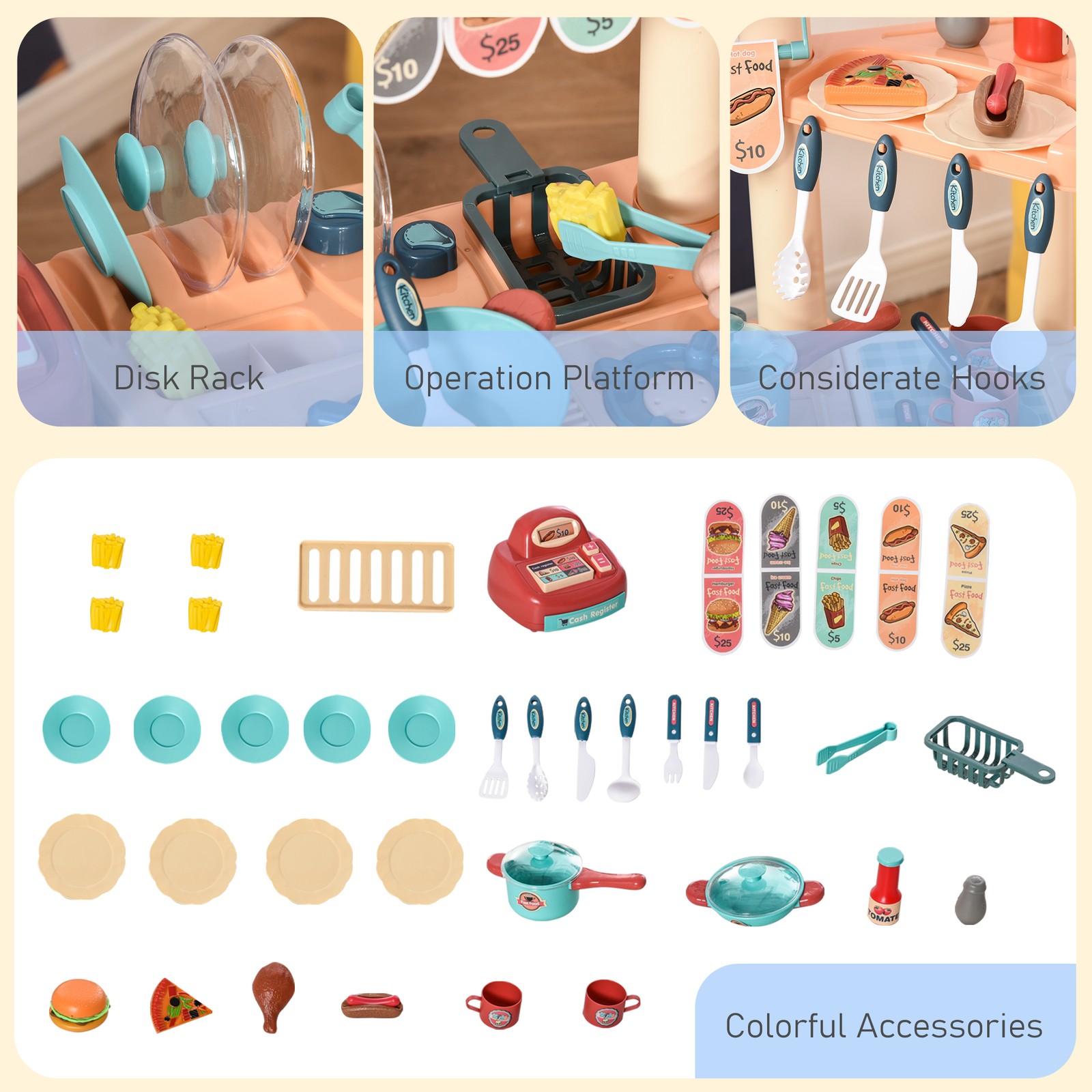 как выглядит Kids Kitchen with Accessories, Cash Register, Play Food, Wheels for kids 3-6 фото