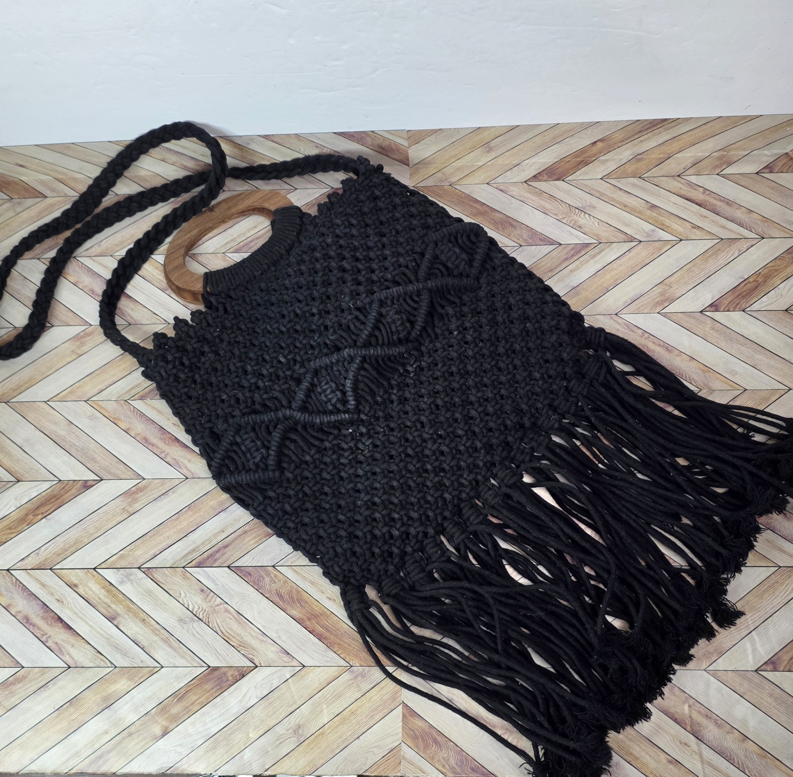 Danielle Nicole Macrame Crochet Black Bag With Wo… - image 1