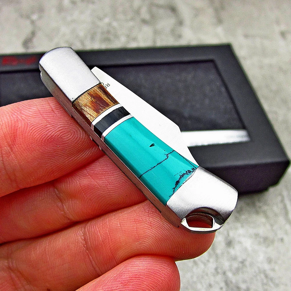 Rough Rider Turquoise & Brown Wood Handles Mini Folding Keychain Pocket Knife - Image 2 of 3