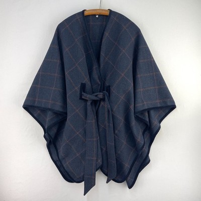 Joules Cape Damen Einheitsgröße marineblau kariert Wollmischung Sabrina Poncho Wickelgürtel
