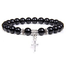 Natural Black Onyx Beads Bracelet Fashion Volcanic Lava Beaded Religion Cross Pe