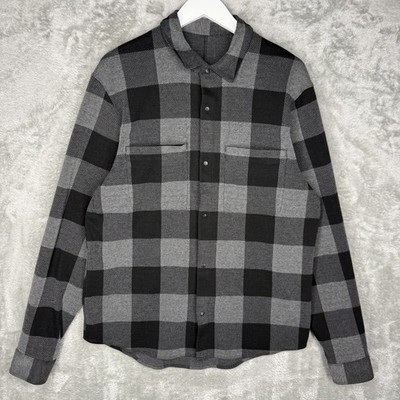 Lululemon Masons Peak Flannel Mens Large Button-Down Soft Gray Black Plaid Snap