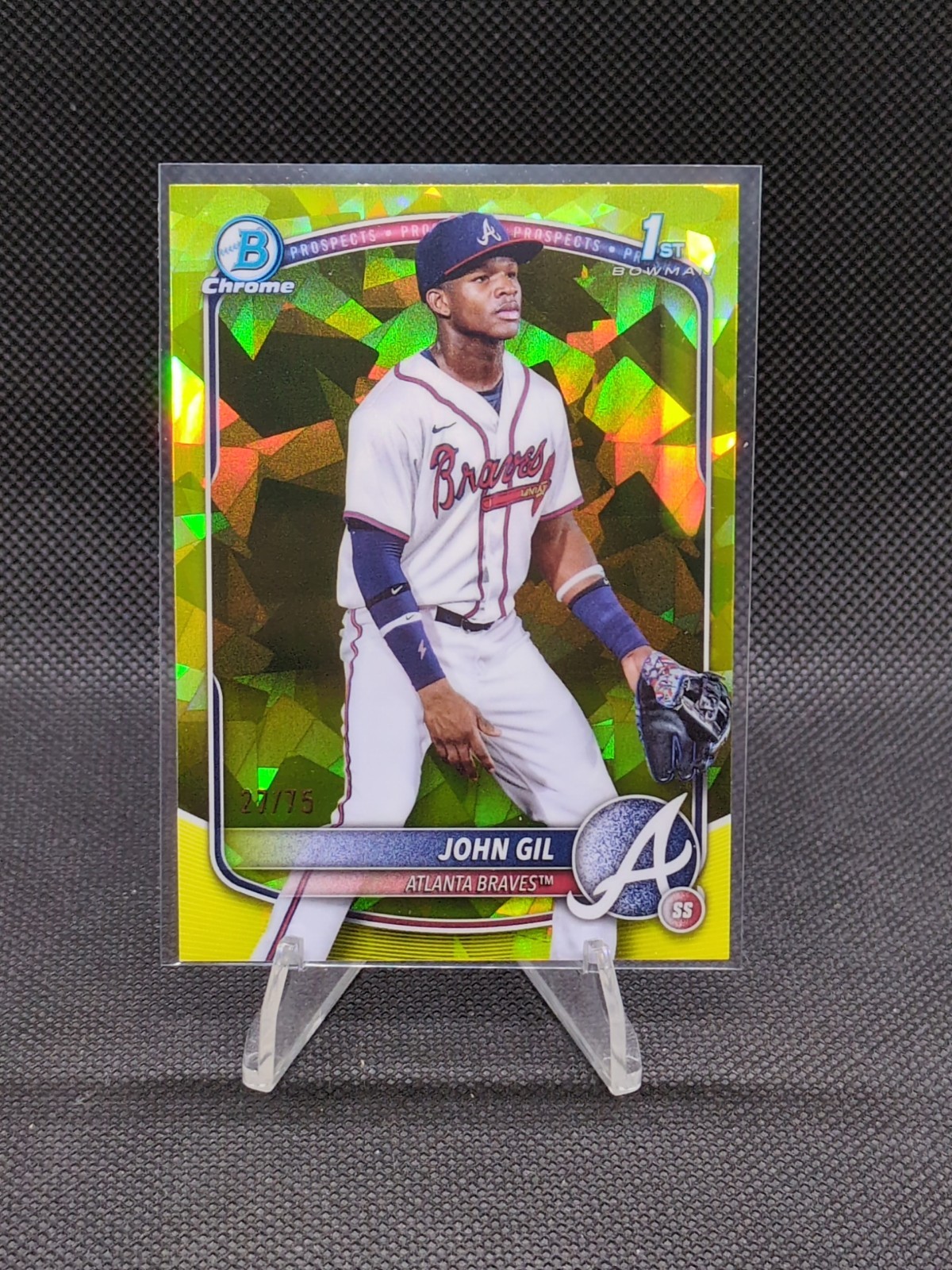 2025 BOWMAN CHROME SAPPHIRE YELLOW REFRACTOR John Gil #/75 1ST BRAVES🔥
