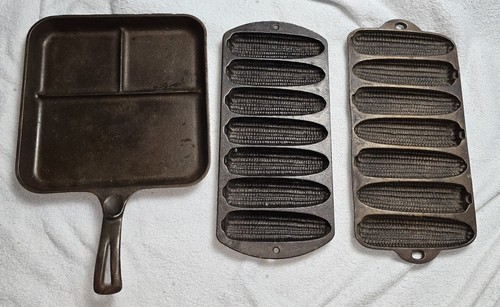 Vintage Cast Iron Lot - Wagner Bacon Egg Skillet / Lodge & BSR Cornstick