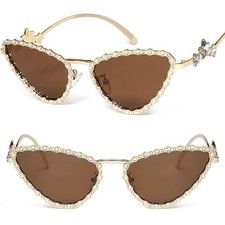 Petite Rhinestone Cat Eye Sunglasses with Gold Frame  Brown Lenses, 90s Bling