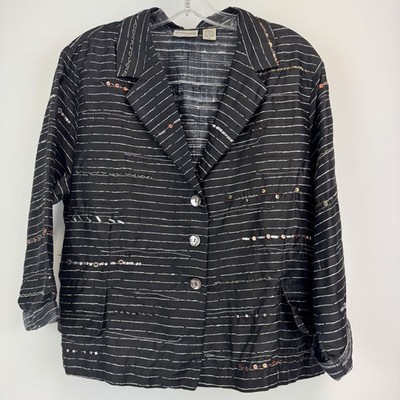 Chicos Silk Striped Embellished Blazer Jacket Black White Sequin Beaded Size 1