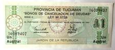 1 Austral Debt Cancellation Bond Issued Tucumán Argentina 16089407 Uncirculated