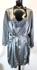 Victoria's Secret Short Nightgown/Robe Set Gray Satin Lace Size Medium 2pc
